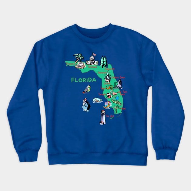 Hand Drawn Illustration of Florida Map with Tourist Destinations, USA Crewneck Sweatshirt by Mashmosh